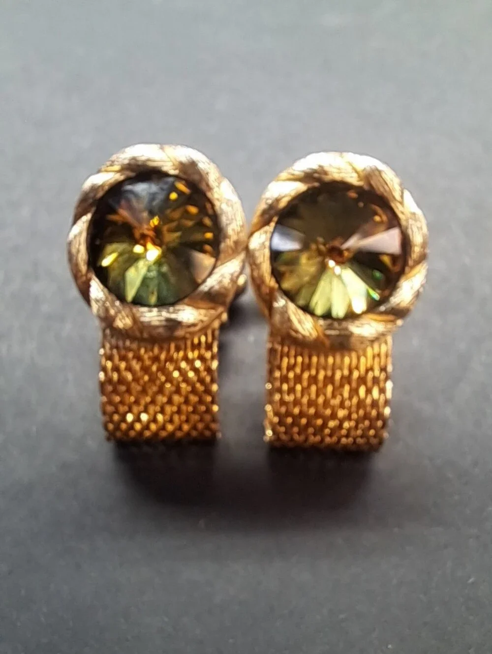 Vintage Swank Gold Tone Mesh Wrap Around Cufflinks Watermelon Rivoli Rhinestone